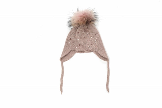 (wholesale)Kids Angora Beanie with Pom-Pom and beaded accents - Slumber Party 